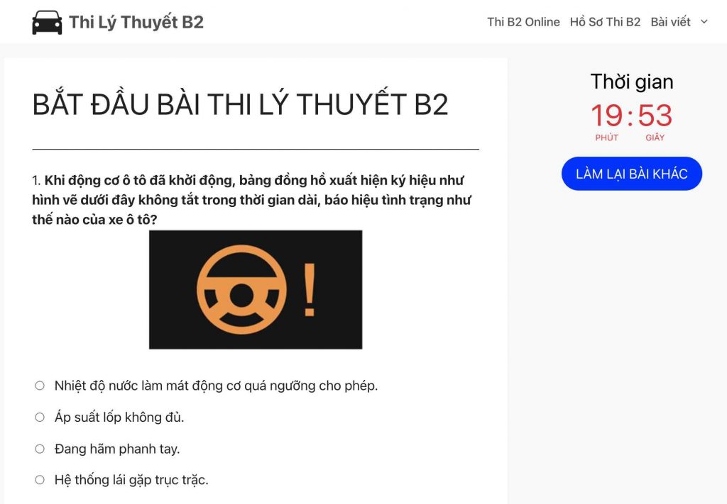 giao diện công cụ thi online của thilythuyetb2